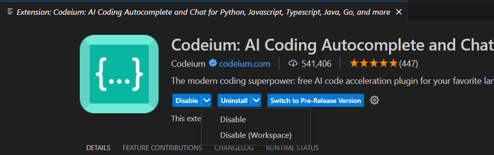 選擇 Disable 停用 Codeium 套件